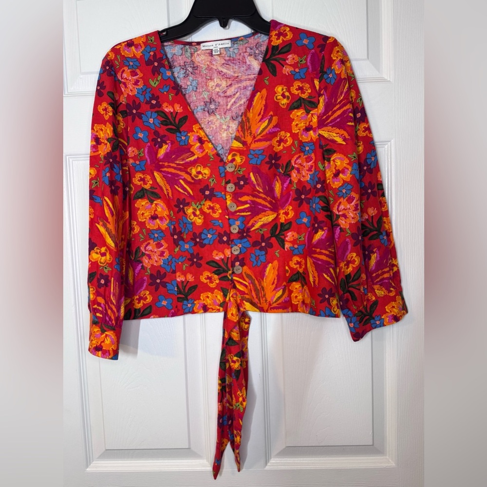 Maison d'Amelie Floral V-Neck‎ Blouse - Red and Blue